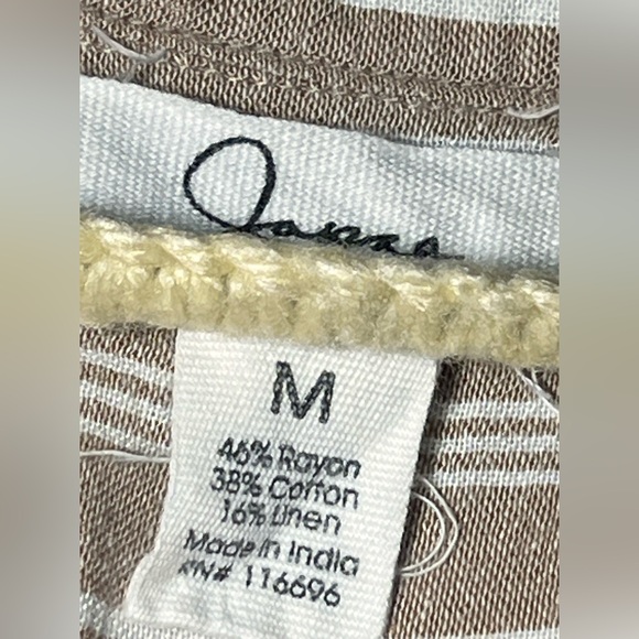 Linen Cotton Blend Taupe Cream Verticle Stripe Tie Shirt Dress Pockets M Resort - Picture 3 of 8